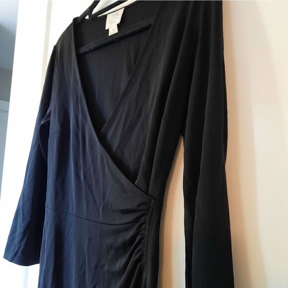 LOFT Wrap Dress Black Long Sleeve Ruched V Neck - Picture 3 of 12